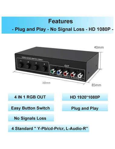 Conmutador AV Componente 4 en 1 LUKFOCAB 1080P RCA