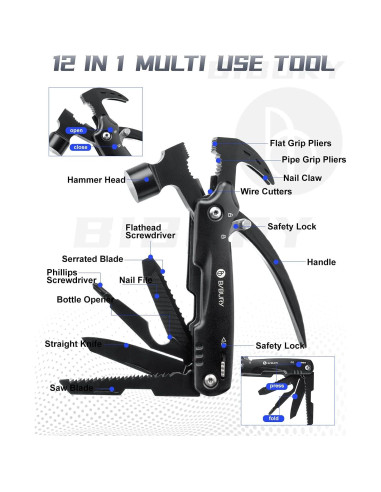 BIBURY Martillo Multiherramienta 12 en 1 Acero Inoxidable