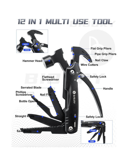 BIBURY Martillo Multiherramienta 12 en 1 Acero Inoxidable