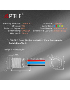 Interruptor Pulsador 12mm APIELE con Bloqueo y LED Rojo - 2 Pcs 2