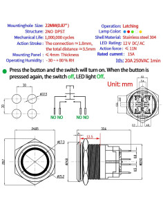 Interruptor de Botón de Presión ZJWZJH 15A 12V IP67 Acero Inoxidable 2