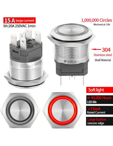 Interruptor de Botón de Presión ZJWZJH 15A 12V IP67 Acero Inoxidable