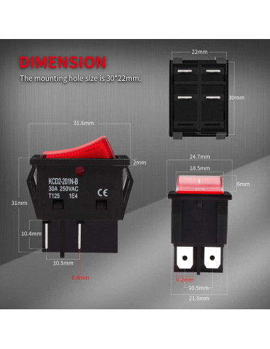 Interruptor Rocker DPST 30A DaierTek KCD2 Rojo 110-250V