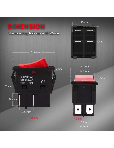 Interruptor Rocker DPST 30A DaierTek KCD2 Rojo 110-250V