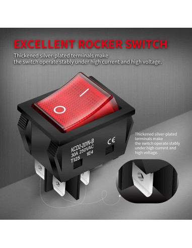 Interruptor Rocker DPST 30A DaierTek KCD2 Rojo 110-250V