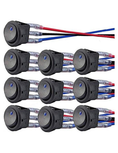 10 Interruptores Rocker Redondos 12V QOFOWIN SPST 3 Pin Azul