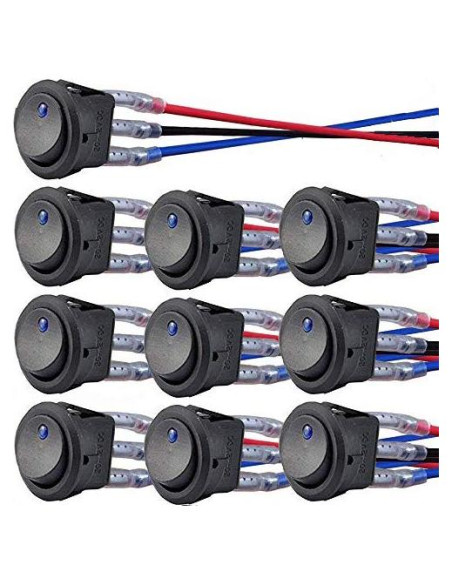 10 Interruptores Rocker Redondos 12V QOFOWIN SPST 3 Pin Azul