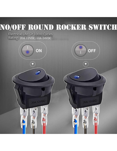 10 Interruptores Rocker Redondos 12V QOFOWIN SPST 3 Pin Azul