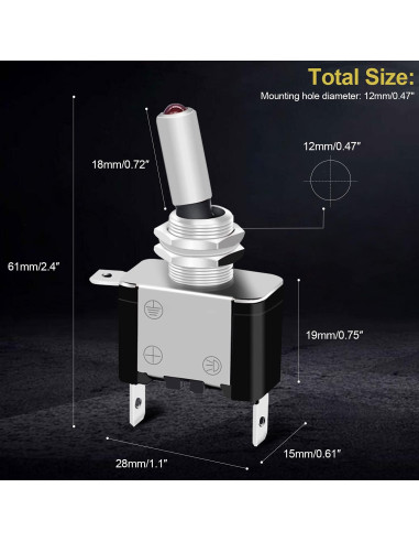 Interruptor de Palanca Iluminado Twidec 12V 20A Rojo 3 Pcs
