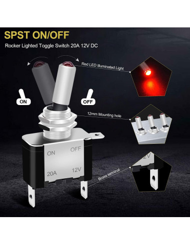 Interruptor de Palanca Iluminado Twidec 12V 20A Rojo 3 Pcs