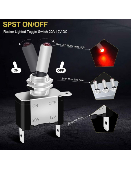 Interruptor de Palanca Iluminado Twidec 12V 20A Rojo 3 Pcs