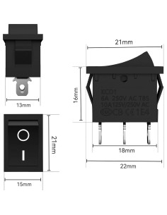 10 Interruptores Rocker KCD1 ON/OFF/ON 6A 250V AC 3 Pin 2