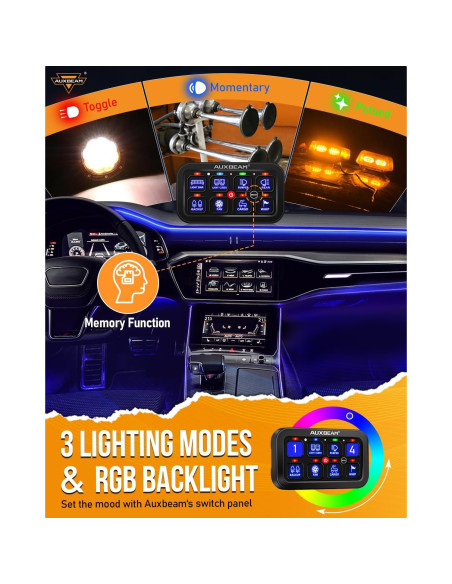 Panel de Interruptores Auxbeam RB80 RGB 8 Gang 60A Impermeable