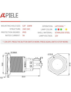 Interruptor Pulsador APIELE 16mm Acero Inoxidable LED 12V 2