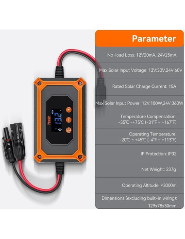 Controlador de Carga Solar MPPT PowMr 15A 12V/24V LCD