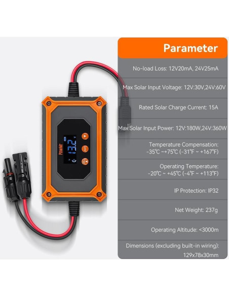 Controlador de Carga Solar MPPT PowMr 15A 12V/24V LCD