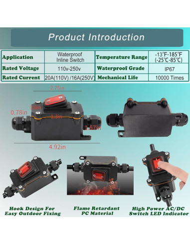 Interruptor de Cable a Prueba de Agua IP67 KarlKers DPST 20A