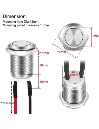 10pcs Interruptor Momentáneo Metálico Gebildet 12mm IP67
