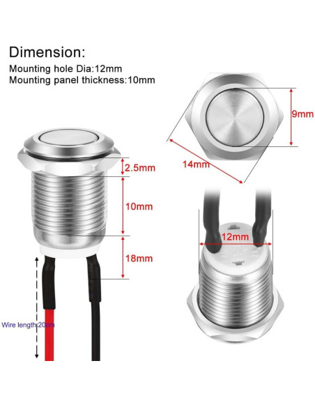 10pcs Interruptor Momentáneo Metálico Gebildet 12mm IP67