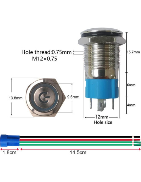Interruptor de Botón Pulsador Gebildet 12mm Acero Inoxidable LED