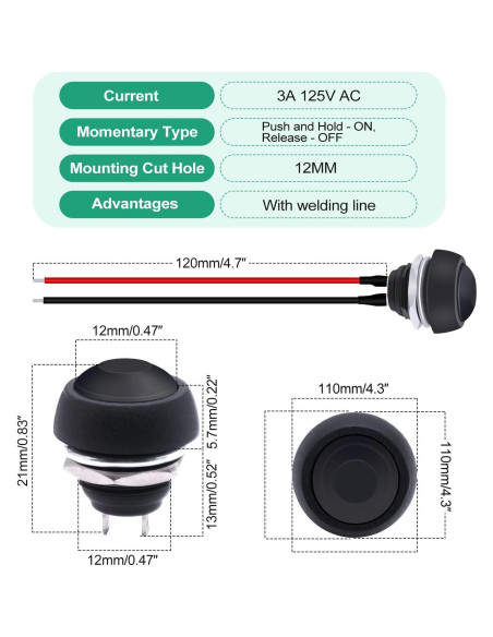 Interruptor Momentáneo Twidec 12mm 6 Unidades Negro IP54