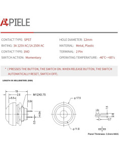 Interruptor Pulsador Momentáneo APIELE 12mm Rojo 6 Pcs 2