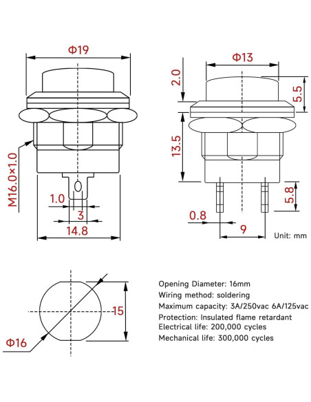 30 Interruptores de Botón Momentáneo 15mm Tmyjfjingxi Colores