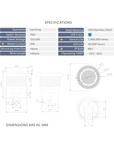 Interruptor pulsador de acero inoxidable LED 12-24V 20A Azul 2