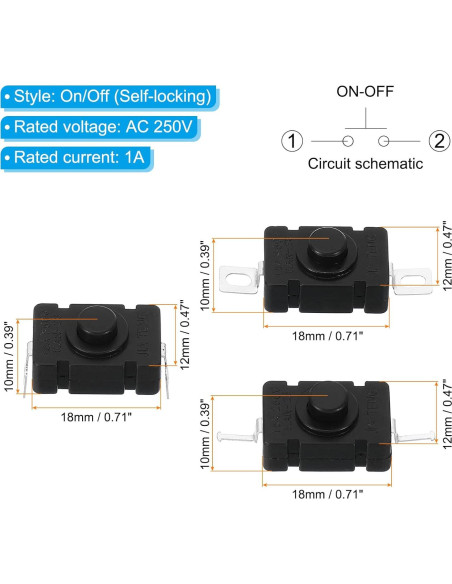 Interruptor de Botón de Presión PATIKIL 10 Pcs On/Off 250V 1.5A Interruptor de Botón de Presión PATIKIL 10 Pcs On/Off 250V 1.5A