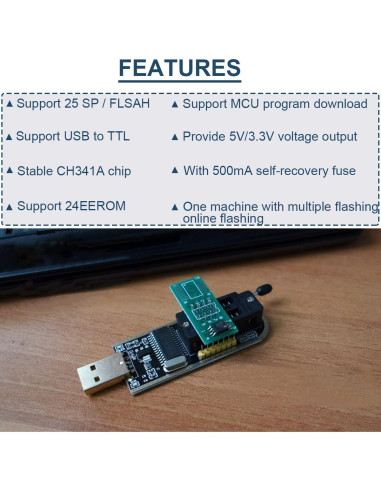 Programador USB CH341A para EEPROM Flash BIOS 24 25 con Clip SOIC8