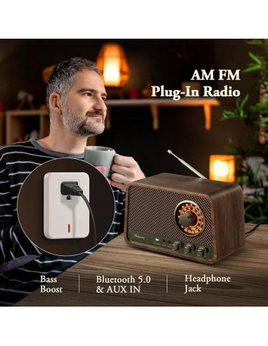Radio AM FM Audiocrazy Vintage Madera Bluetooth 10W AUX