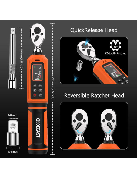 Llave de Torque Digital 1/4" Coobeast 0.45-30Nm con Pantalla LCD