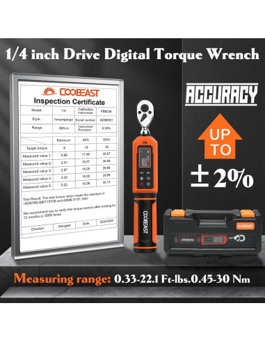 Llave de Torque Digital 1/4" Coobeast 0.45-30Nm con Pantalla LCD