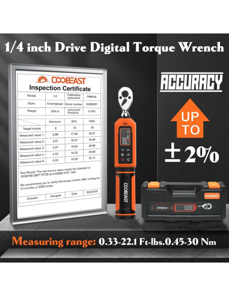 Llave de Torque Digital 1/4" Coobeast 0.45-30Nm con Pantalla LCD