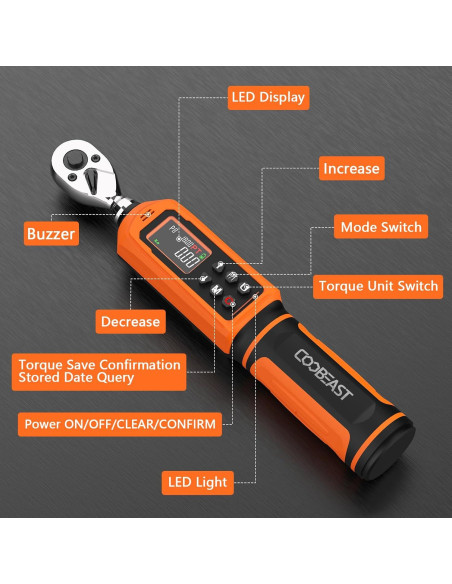 Llave de Torque Digital 1/4" Coobeast 0.45-30Nm con Pantalla LCD