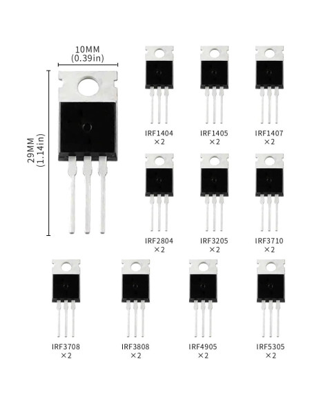 Kit de Transistores MOSFET TO-220 VANXY 20 Pcs IRF1404-IRF5305