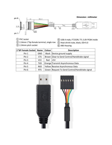 Cable Adaptador USB a TTL DTech 1.83m 5V 6 Pines FT232RL