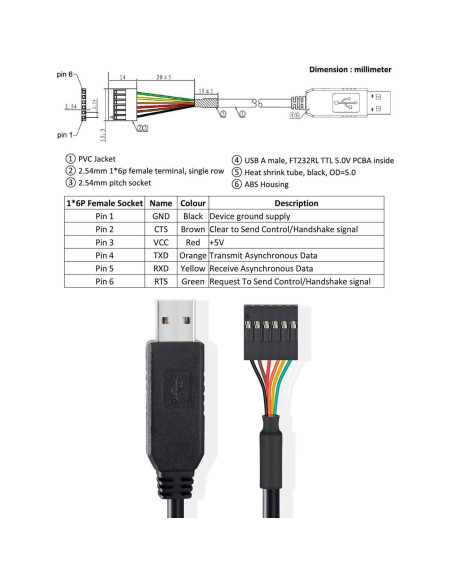 Cable Adaptador USB a TTL DTech 1.83m 5V 6 Pines FT232RL