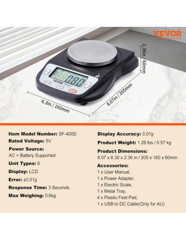 Balanza Analítica VEVOR 600g x 0.01g Pantalla LCD
