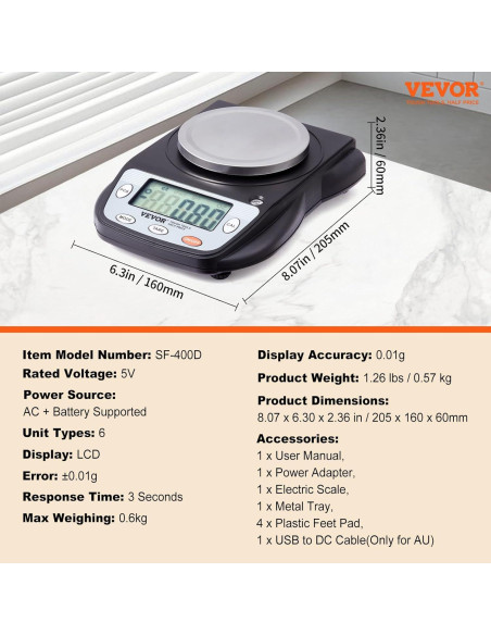 Balanza Analítica VEVOR 600g x 0.01g Pantalla LCD