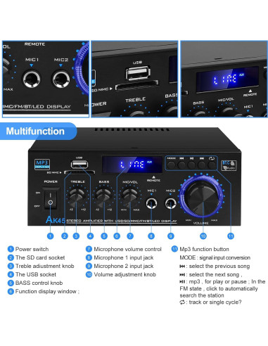 Amplificador de Audio AK45 Bluetooth 5.0 40W x 2 HiFi Estéreo
