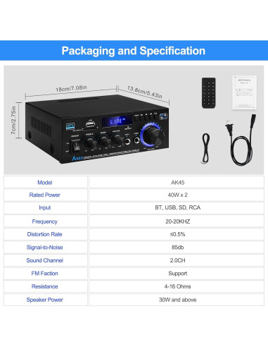 Amplificador de Audio AK45 Bluetooth 5.0 40W x 2 HiFi Estéreo