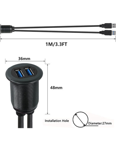 Cable USB 3.0 Montaje Metálico Doble Puertos SinLoon 1M