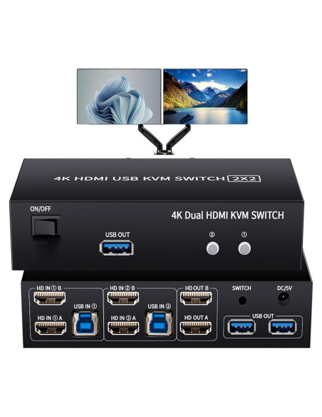 Interruptor KVM HDMI 2 Monitores LUKFOCAB 4K 60Hz USB 3.0