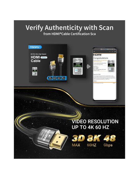 Cable HDMI 2.1 TISOFU 0.91m Ultra Alta Velocidad 8K 60Hz