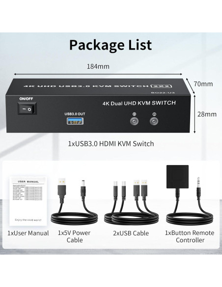 Interruptor KVM HDMI 2 Monitores LUKFOCAB 4K 60Hz USB 3.0