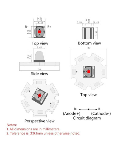 5 Piezas LED Rojo 620nm 3W SMD 3535 LEDGUHON con PCB 20mm