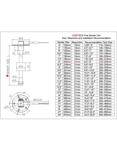 Sensor de Nivel de Combustible AODITECK 8" 240-33 Ohmios