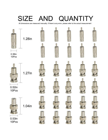Kit 30 Conectores Adaptadores BNC a RCA Zovfam - 10 Macho y Hembra