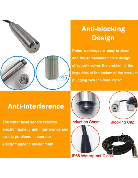 Transmisor de Nivel de Agua EQCOTWEA 30m 4-20mA Acero Inoxidable